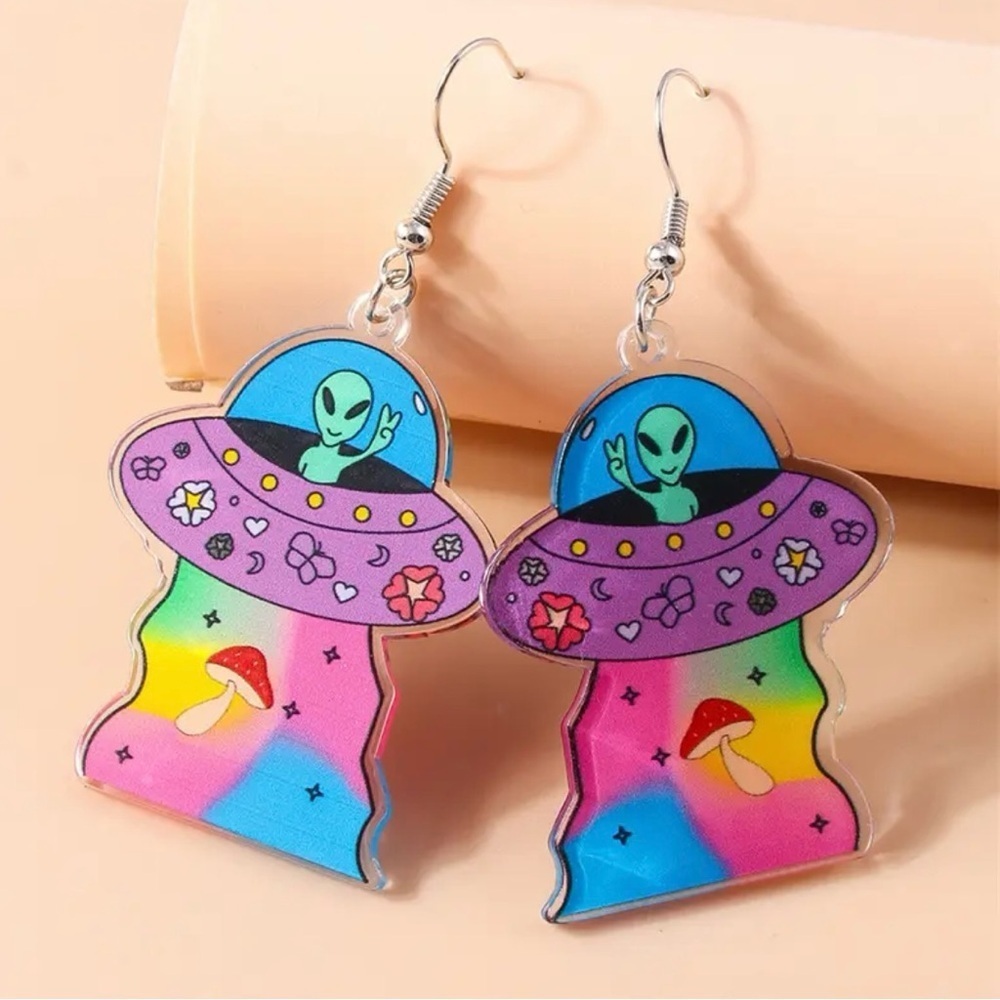 Colorful Alien UFO Acrylic Earrings – Halloween Weirdcore Space Jewelry - Picture 10 of 13